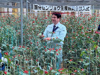 市長がセンリョウに鋏を入れる様子