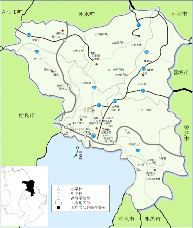 霧島市内の小・中・高等学校等位置図