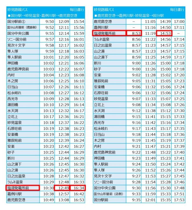 妙見路線バス時刻表